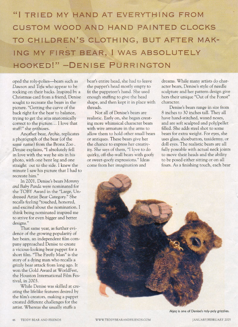 Handmade Teddy Bears by award winning custom made Mohair Teddy Bear artist, Denise Purrington Teddy Bear and Friends article